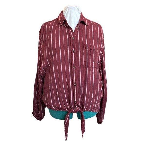 American Eagle Button Front Blouse  Women XL  Maroon with White Stripes Viscose - Picture 1 of 8
